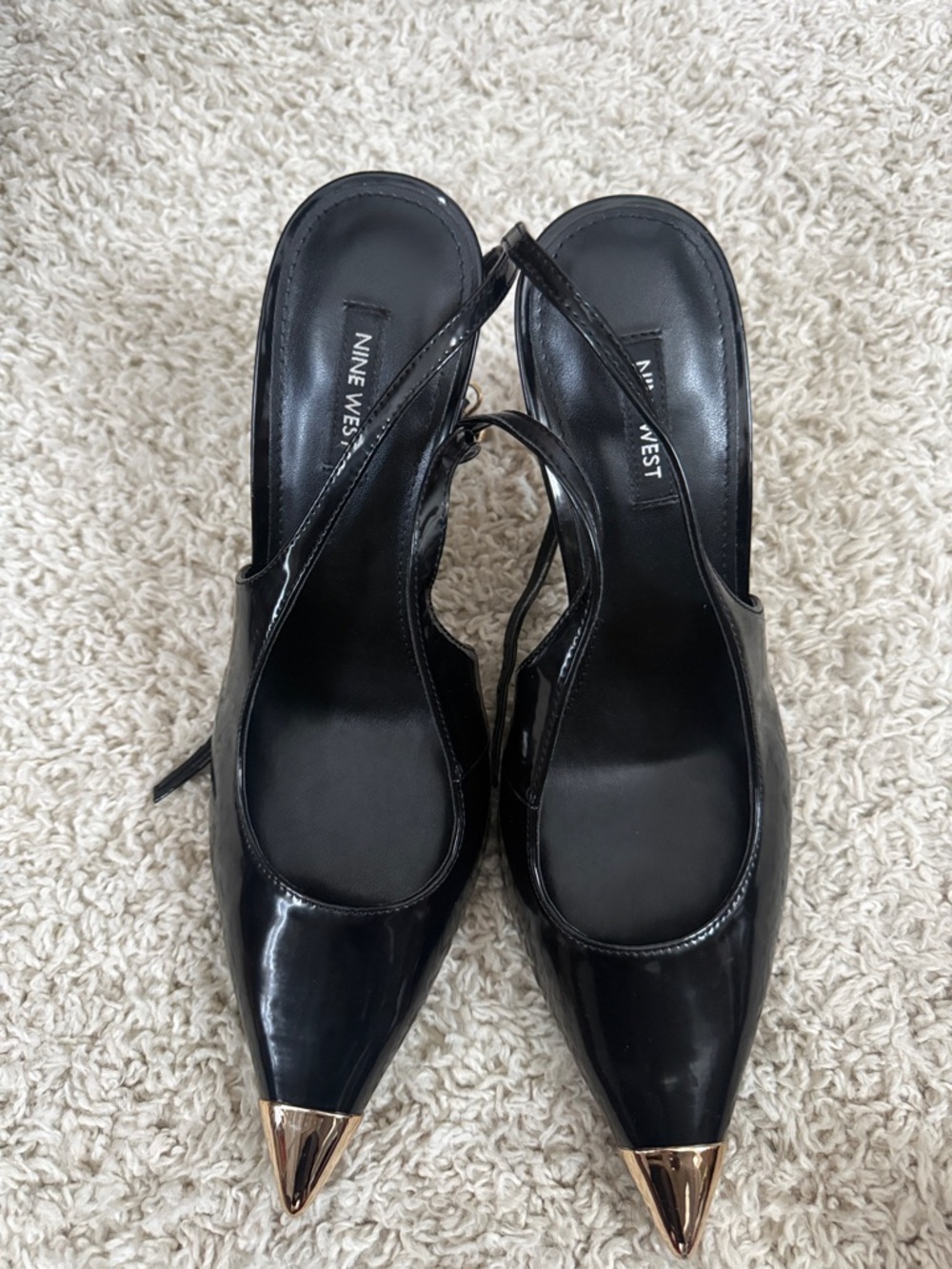Nine West Black Patent Pointed Slingback Pumps with Gold Toe Caps  ankle straps